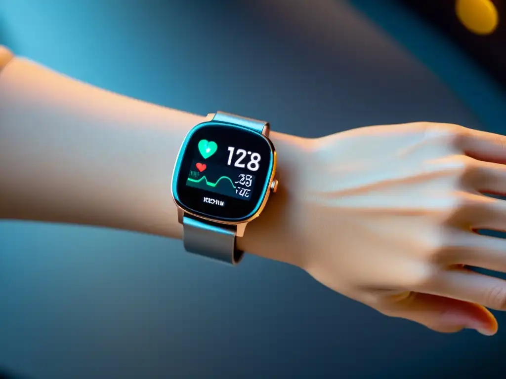 Un moderno monitor de salud inmunológica en la muñeca, con pantalla de alta resolución que muestra análisis predictivo salud inmunológica wearables en un entorno futurista de atención médica