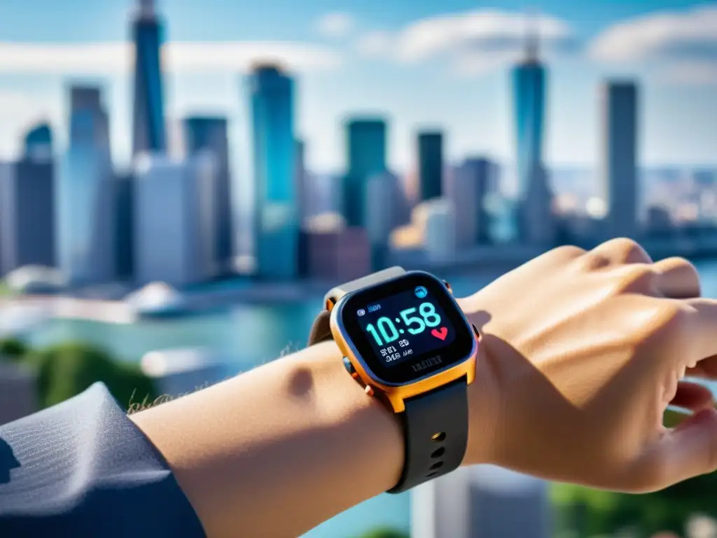Monitor de actividad urbano: pulsaciones en tiempo real Un moderno rastreador de actividad física muestra datos de ritmo cardíaco y actividad en una ciudad vibrante
