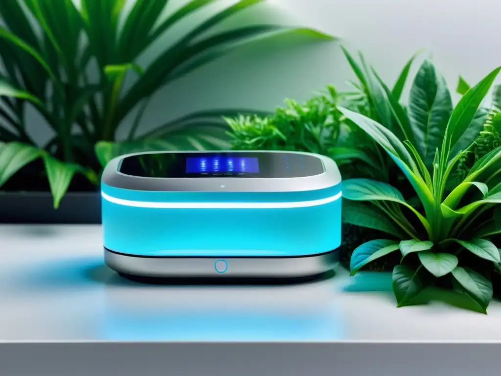 Dispositivo de sensor UV: fusión de tecnología y naturaleza en 8k Un moderno sensor UV rodeado de plantas verdes, reflejando tecnología avanzada y protección UV para la piel contra el cáncer