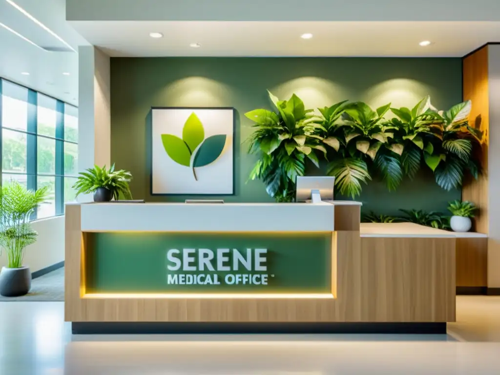 Oficina médica moderna y serena con ambiente acogedor Un moderno y sereno vestíbulo de consulta médica con abundante luz natural, asientos cómodos y decoración minimalista y relajante