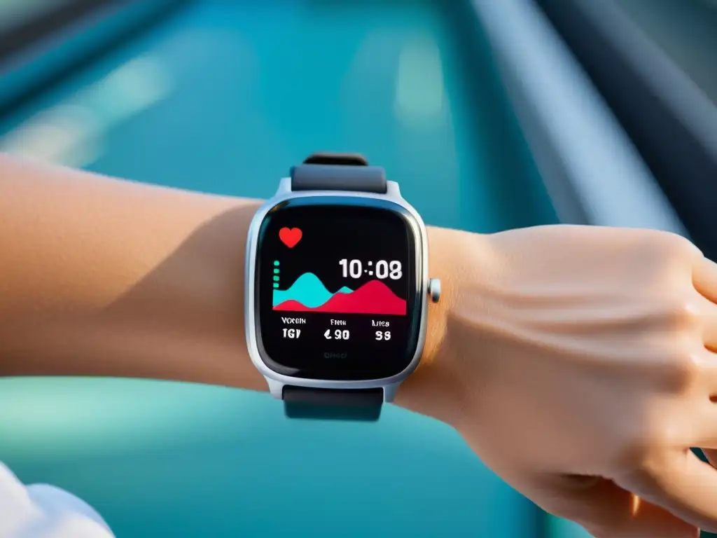 Smartwatch de última generación en entorno fitness futurista Un moderno smartwatch con pantalla táctil de alta resolución muestra métricas de salud