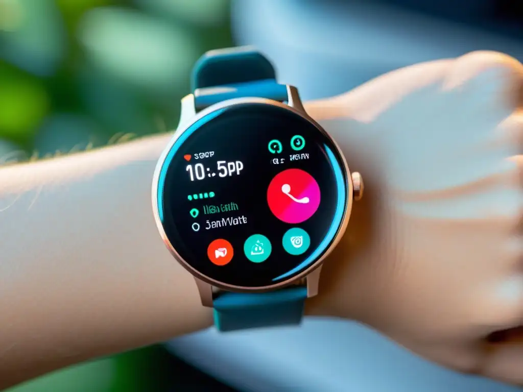 Smartwatch de última generación: salud y tecnología Un moderno smartwatch con pantalla vibrante de alta resolución, mostrando un detallado panel de salud