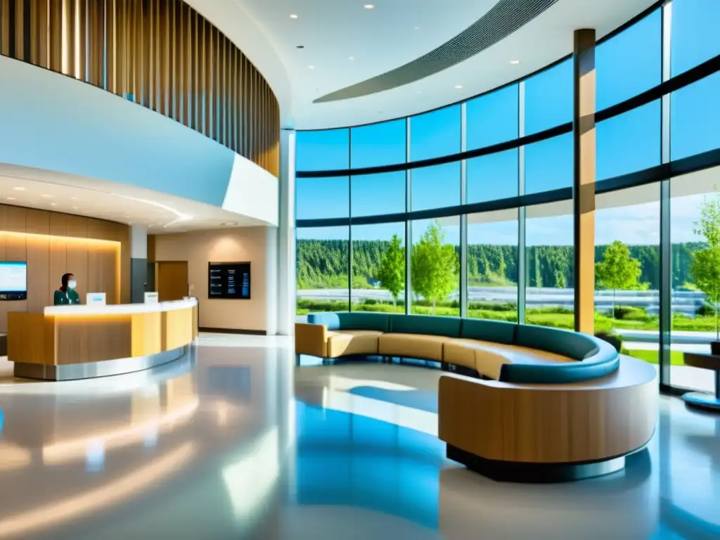 Recepción hospitalaria moderna y serena: seguridad y calidez Moderno vestíbulo hospitalario con diseño elegante, asientos cómodos y personal amable, brindando una sensación de calma y profesionalismo