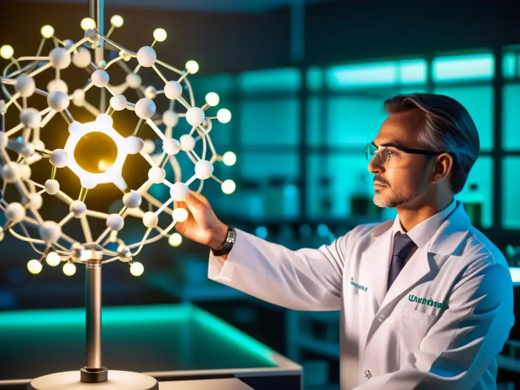 Glutatión radiante en laboratorio futurista Una molécula de glutatión transparente y brillante, con un científico enfocado en un laboratorio futurista