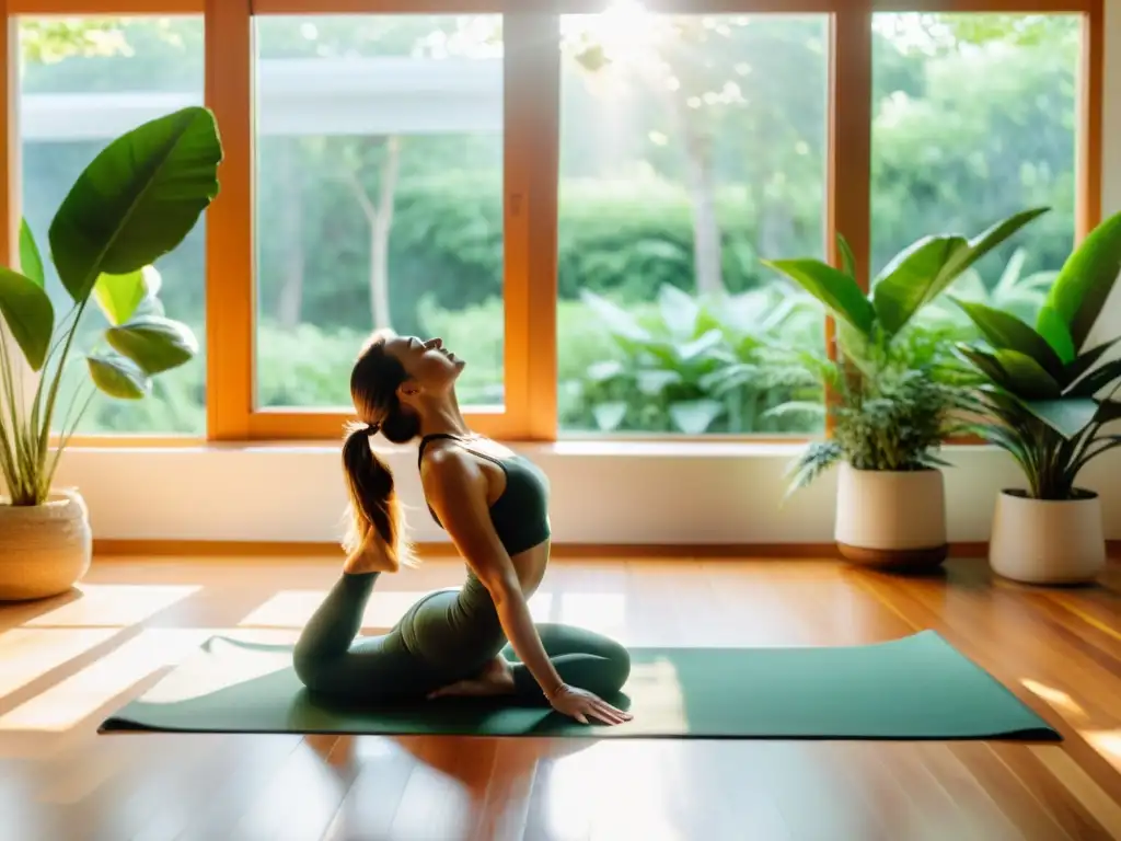Yoga Nidra: Profunda relajación en un oasis de paz Un momento de paz y relajación en una habitación serena, rodeada de plantas verdes