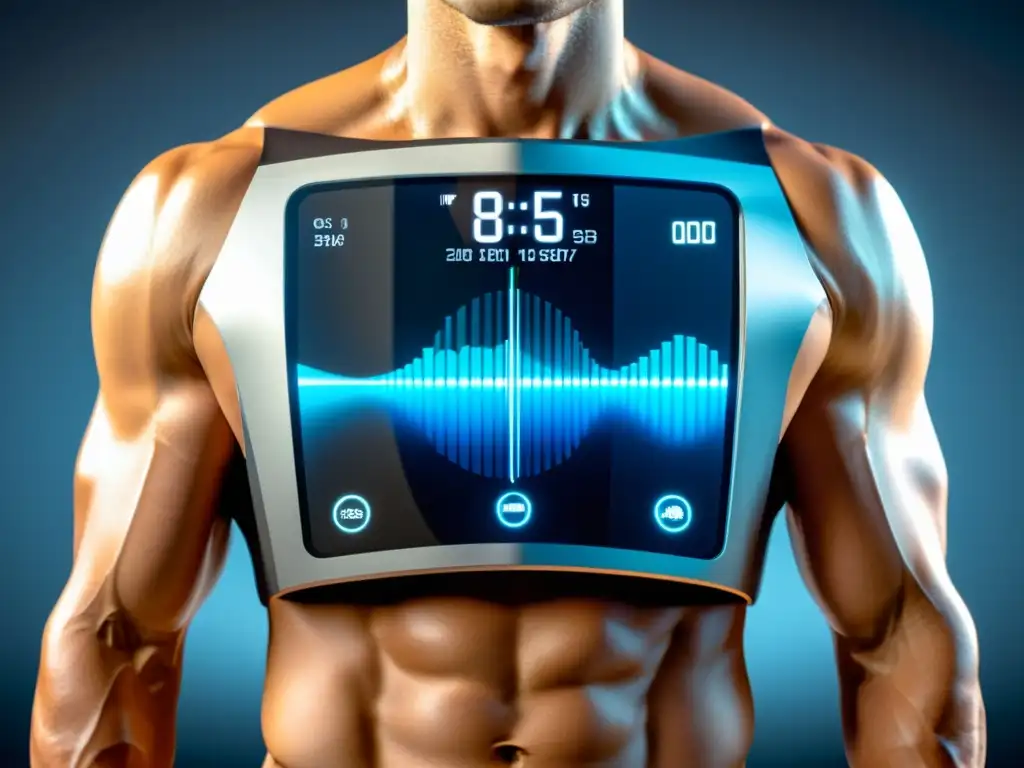 Monitor corporal futurista: análisis avanzado de composición corporal en 8k Un monitor de composición corporal futurista muestra detalles de masa muscular, porcentaje de grasa, densidad ósea y niveles de hidratación