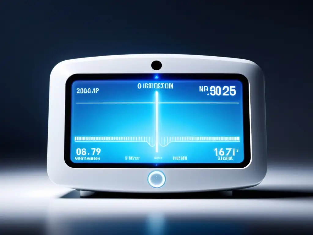 Un monitor de fertilidad futurista iluminado en azul, muestra datos hormonales detallados