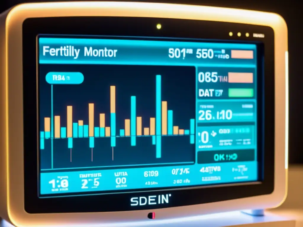 Un monitor de fertilidad moderno muestra datos detallados, con un diseño futurista y una iluminación suave