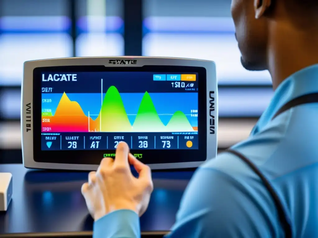 Monitor de lactato de última generación muestra niveles en atletas durante entrenamientos intensos en laboratorio deportivo