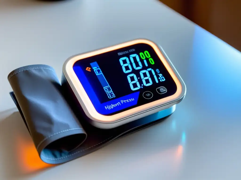 Monitor de presión arterial Bluetooth: diseño futurista de alta tecnología Un monitor de presión arterial Bluetooth de diseño futurista, con pantalla LED que muestra niveles de presión