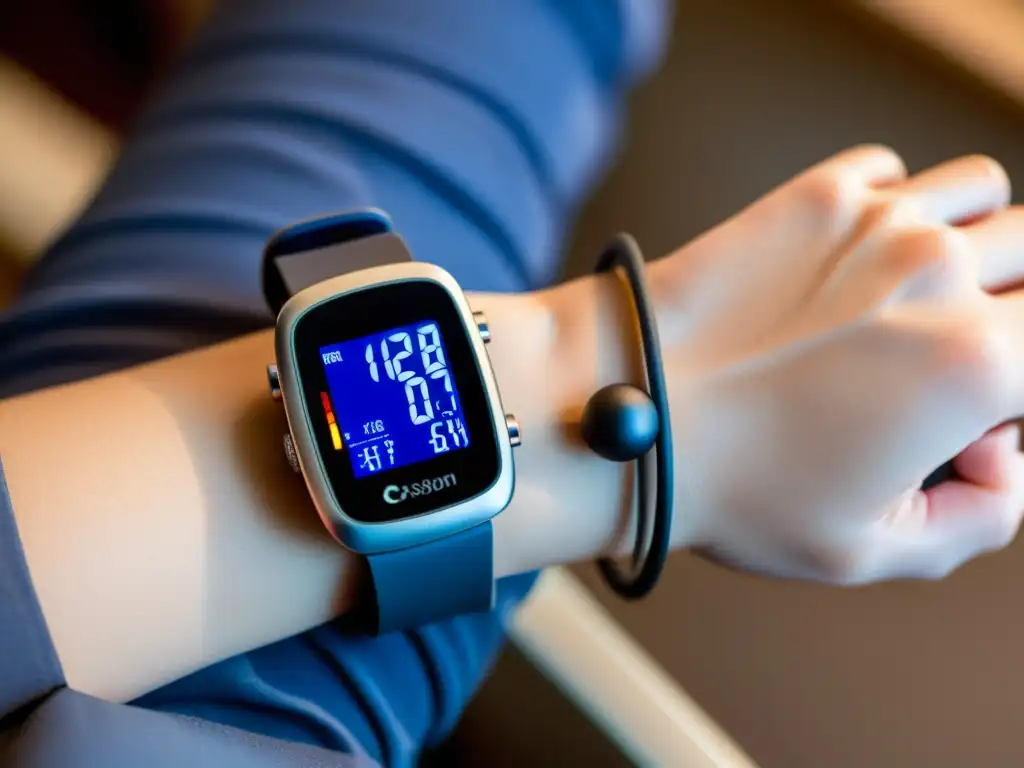 Monitor de presión arterial Bluetooth en brazo sano Un monitor de presión arterial Bluetooth muestra lecturas digitales en el antebrazo de una persona, resaltando el fortalecimiento del sistema inmunológico humano