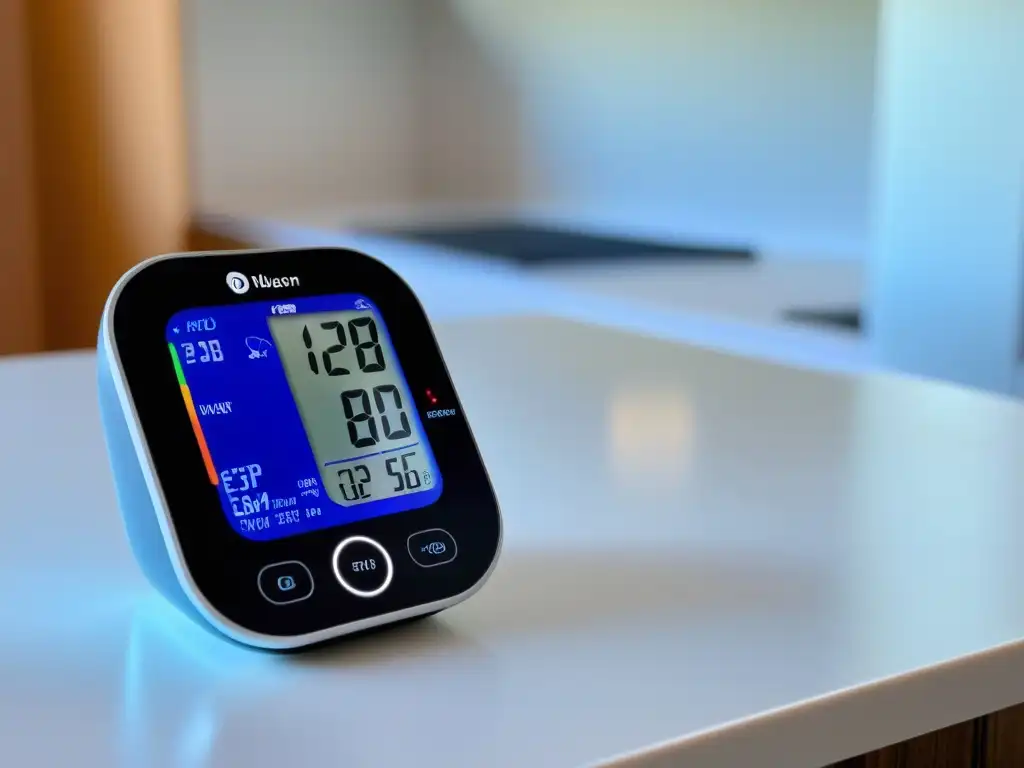 Monitor de presión arterial Bluetooth: control saludable en casa Un monitor de presión arterial Bluetooth moderno y elegante, mostrando datos nítidos y fáciles de leer