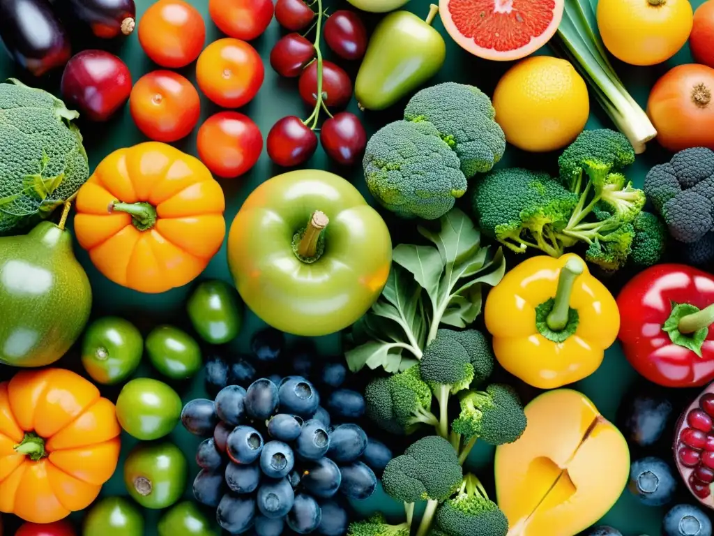Patrón vibrante de frutas y verduras: fuente de prebióticos Un mosaico de frutas y verduras coloridas y variadas, ricas en prebióticos para fortalecer el sistema inmunológico