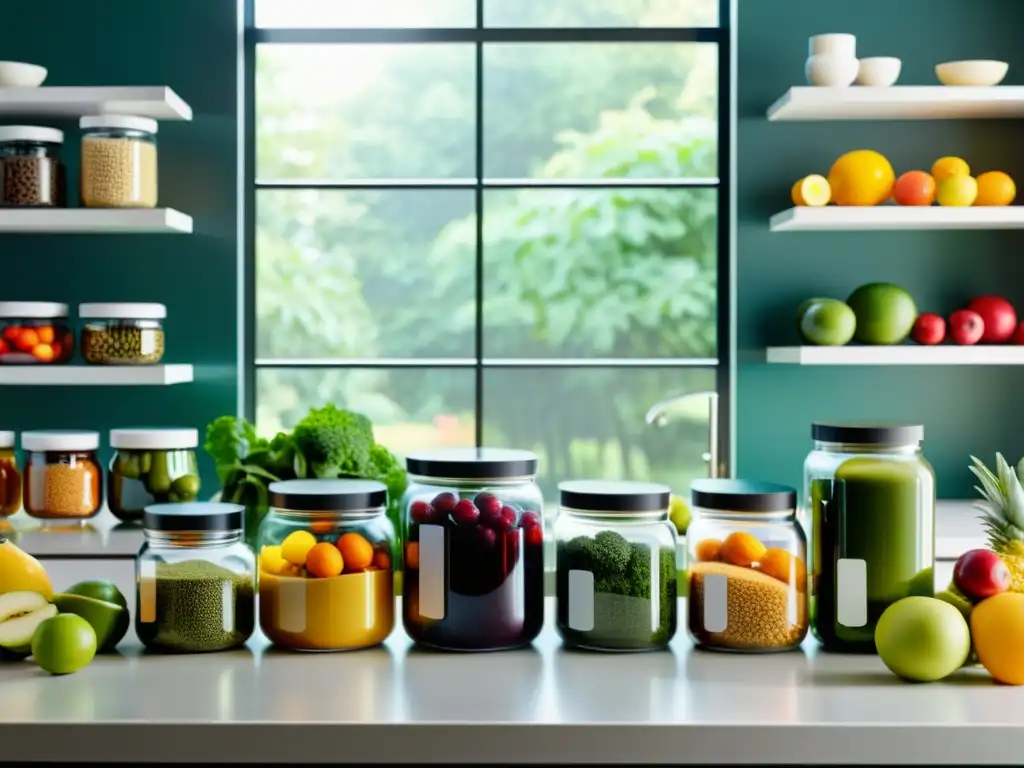 Cocina minimalista con alimentos y suplementos saludables Un mostrador de cocina minimalista con frutas, verduras y suplementos para reforzar sistema inmunológico en envases transparentes