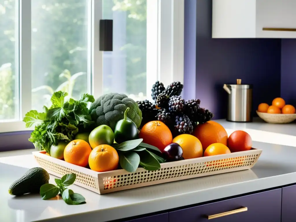Encantadora cocina llena de frutas y verduras frescas Un mostrador de cocina moderno y colorido lleno de frutas y verduras frescas, con una variedad de colores vibrantes