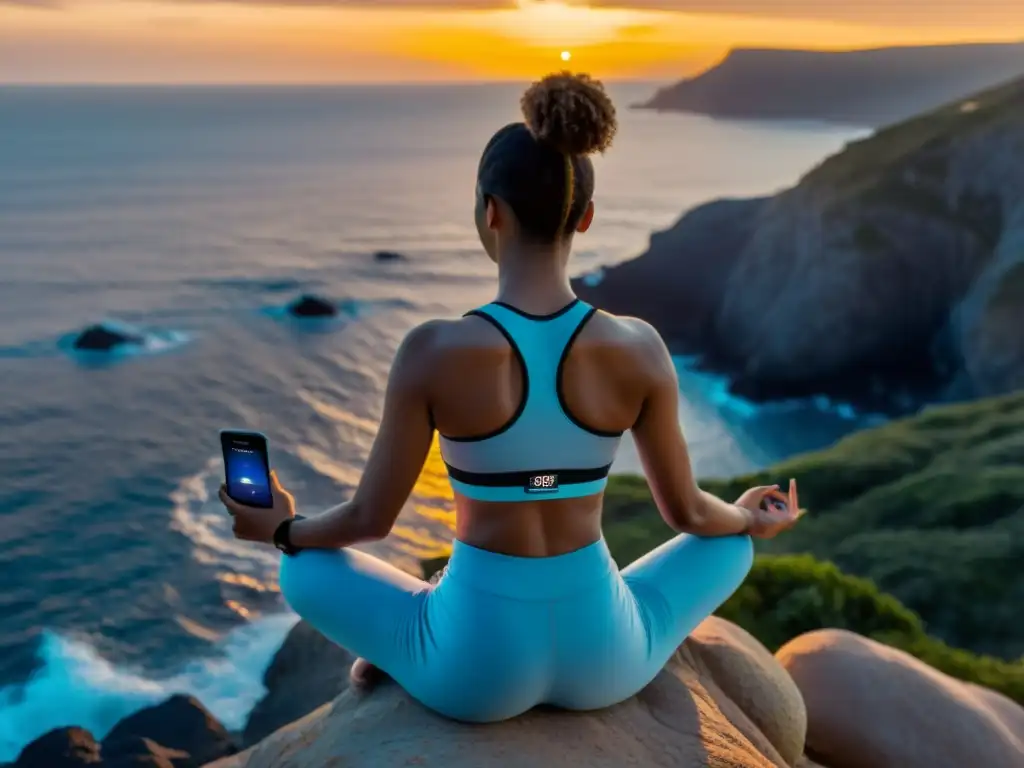 Integración de meditación y ejercicio en la naturaleza Una mujer medita en un acantilado al atardecer, con su smartphone mostrando apps de meditación y ejercicio físico
