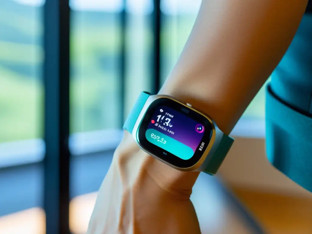 Monitoreo integral de salud y fitness en estudio de yoga Una mujer usa una aplicación de Fitbit para equilibrar dieta, ejercicio y descanso, en un estudio de fitness moderno y sereno