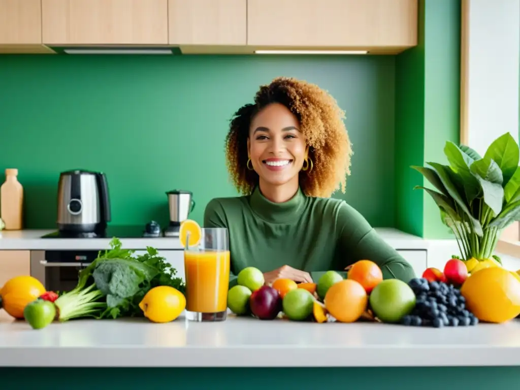 Consejo nutricional personalizado: Video llamada en cocina saludable Una mujer sonríe mientras recibe asesoramiento nutricional para inmunidad, rodeada de alimentos frescos en una cocina minimalista y bien iluminada