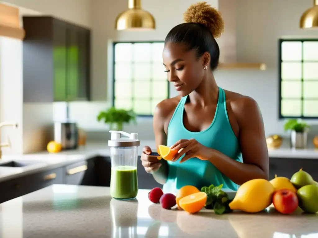 Preparando un batido saludable: mujer concentrada en la cocina Una mujer prepara un batido con frutas frescas y suplementos, creando un ambiente tranquilo y saludable en una cocina moderna y bien iluminada