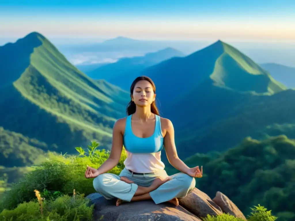 Meditación en la cima: paz interior y bienestar Una mujer medita en la cima de una montaña, rodeada de naturaleza exuberante y un cielo azul