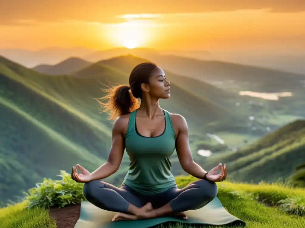 Yoga al atardecer: Fortaleza y tranquilidad en la naturaleza Una mujer practica yoga en la cima de una montaña verde exuberante, con el sol poniéndose al fondo y creando un cálido resplandor dorado
