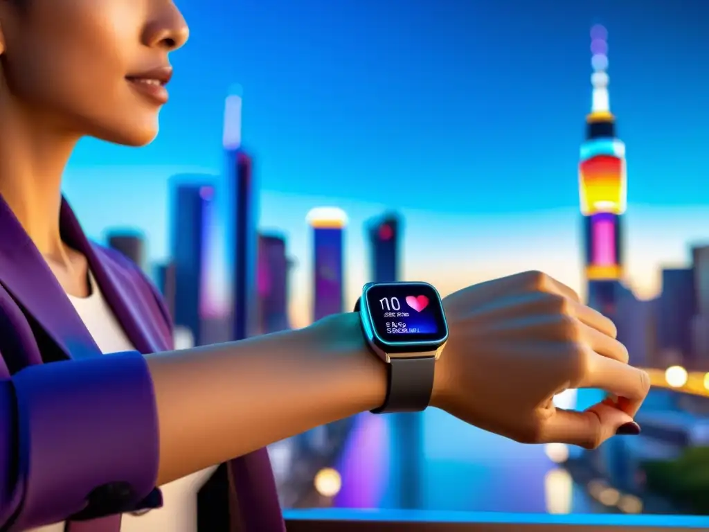 Biofeedback futurista: gestión del estrés y salud inmune en la ciudad Una mujer usa un dispositivo moderno que muestra datos de biofeedback inmunológico para gestionar estrés en una ciudad futurista