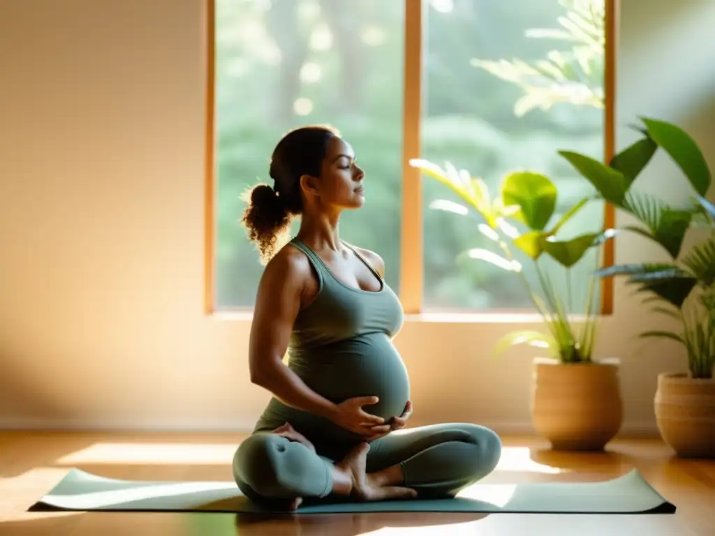 Yoga para embarazadas: fuerza y serenidad en la maternidad Una mujer embarazada practica yoga en un ambiente tranquilo y luminoso, fortaleciendo su sistema inmune con ejercicio durante el embarazo