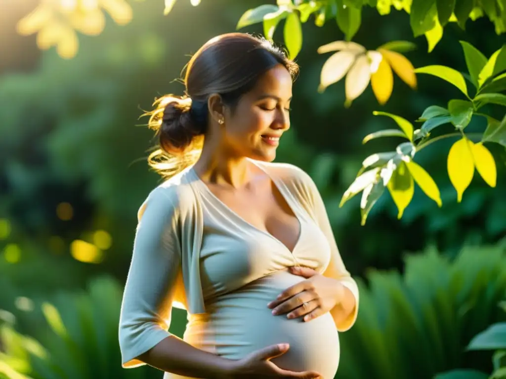 Embarazo sereno: Mujer radiante en jardín dorado Una mujer embarazada se acaricia suavemente la barriga en un jardín sereno, irradiando alegría y esperanza, con beneficios probióticos embarazo