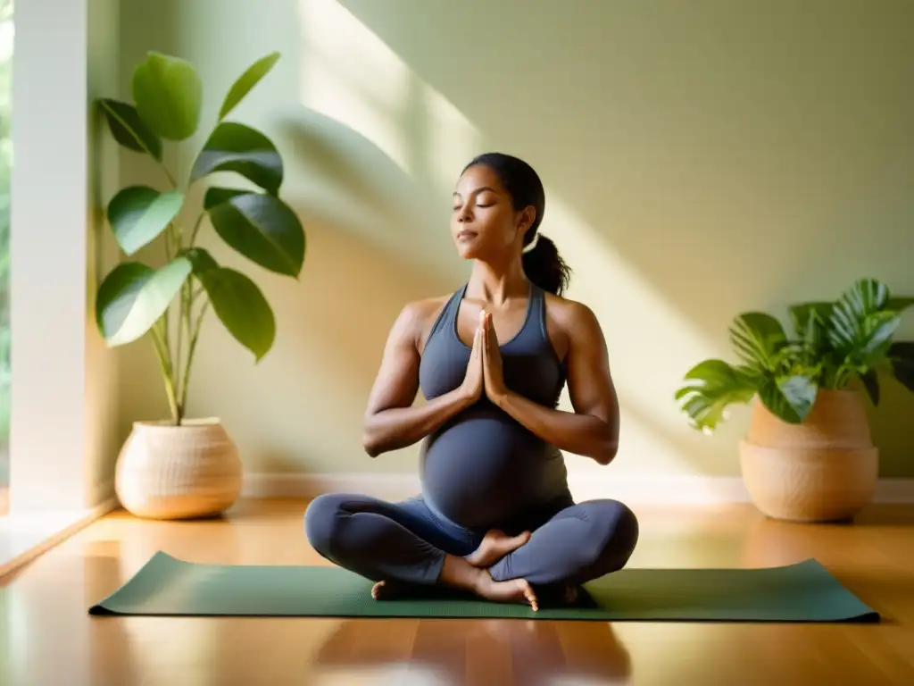 Yoga prenatal: Serenidad entre la naturaleza Una mujer embarazada practica yoga prenatal rodeada de naturaleza, creando una atmósfera serena y fortalecedora
