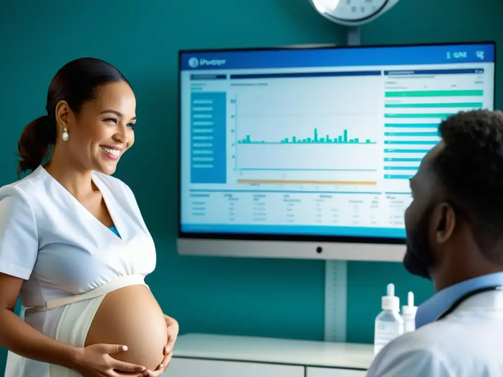 Plan de cuidado prenatal: Mujer embarazada sonriente en consulta médica Una mujer embarazada sonriente en consulta médica, rodeada de profesionales de la salud, planificando cuidados inmunológicos durante su embarazo