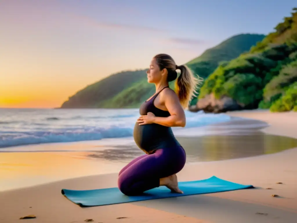 Yoga prenatal al amanecer: la serenidad de una mujer embarazada en la playa Una mujer embarazada practica yoga al amanecer en la playa, rodeada de naturaleza exuberante