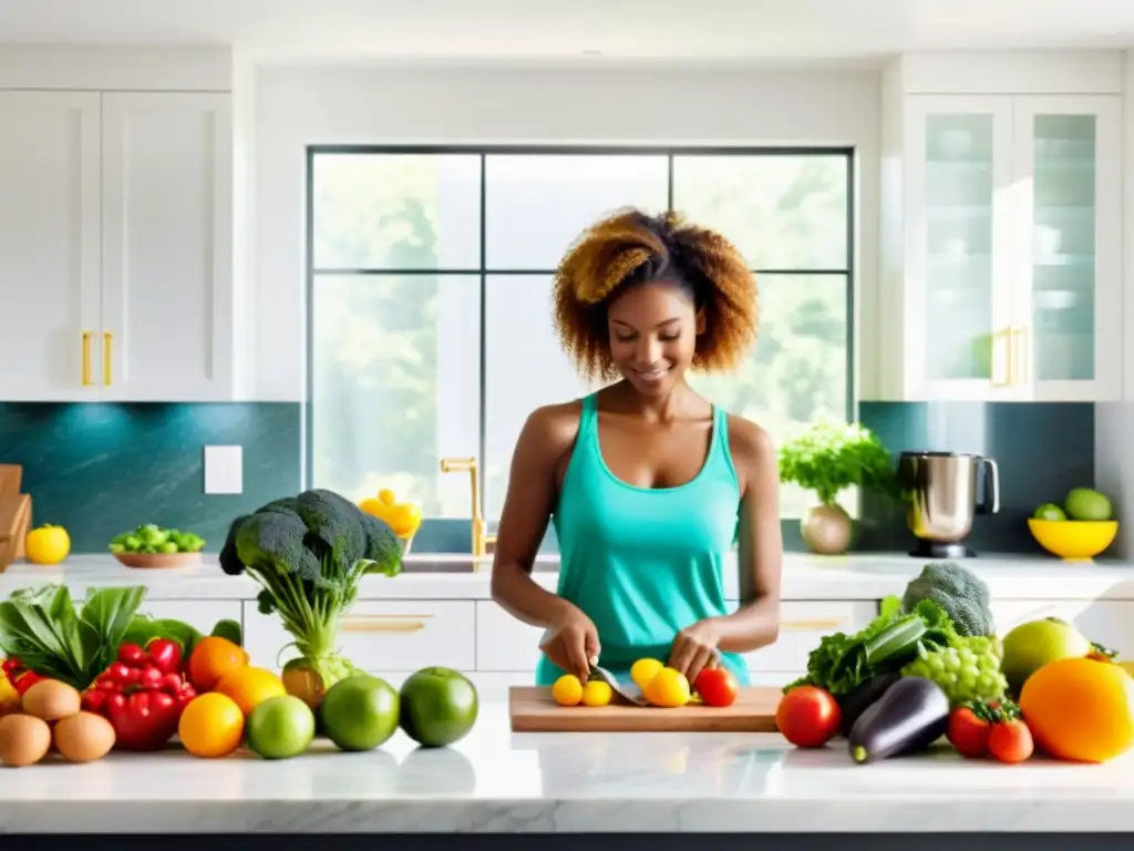 Empoderamiento en la cocina: mujer organizando frutas y verduras frescas Una mujer empoderada organiza frutas y verduras en una cocina luminosa y moderna