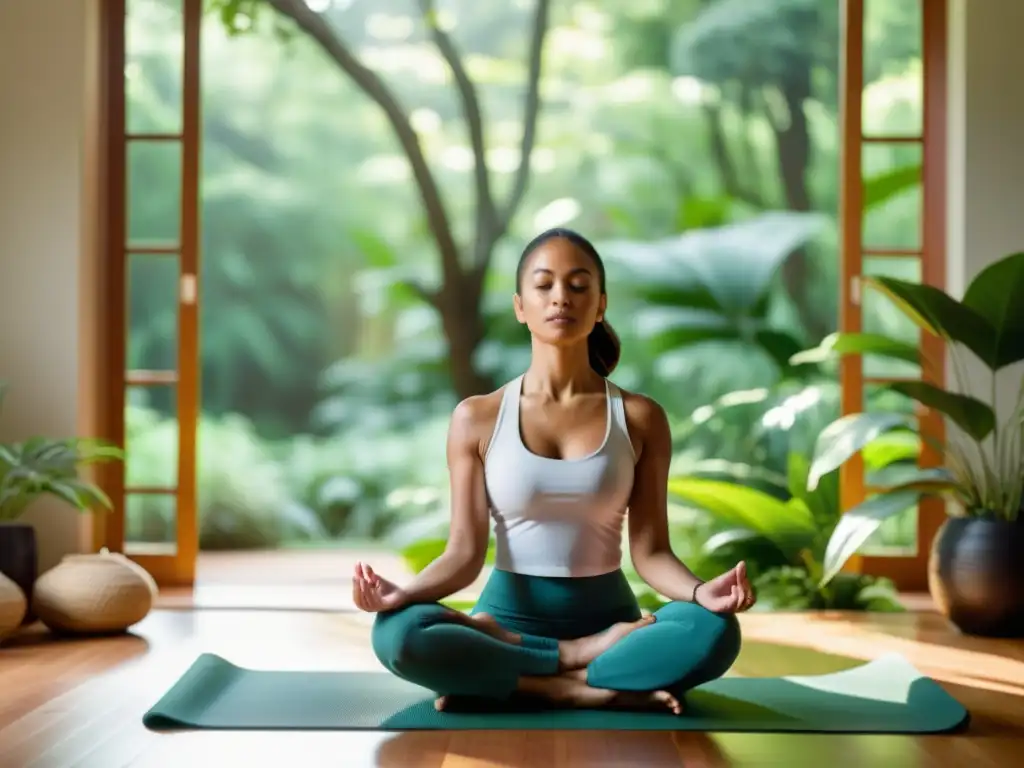 Mujer en meditación: equilibrio y serenidad entre la naturaleza Mujer en equilibrio cuerpo mente meditando en un entorno natural sereno, rodeada de vegetación exuberante y luz natural