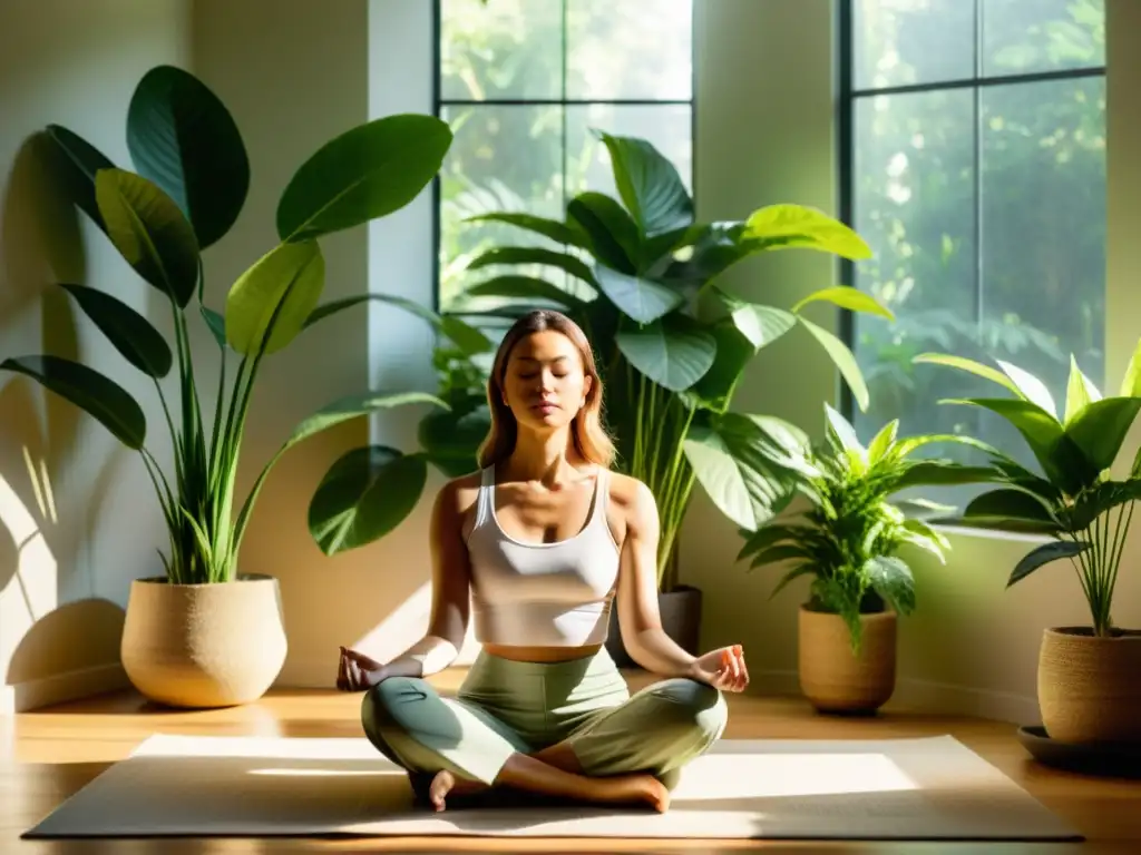 Serena meditación entre plantas verdes Una mujer medita en un espacio tranquilo, iluminado por el sol, rodeada de plantas verdes