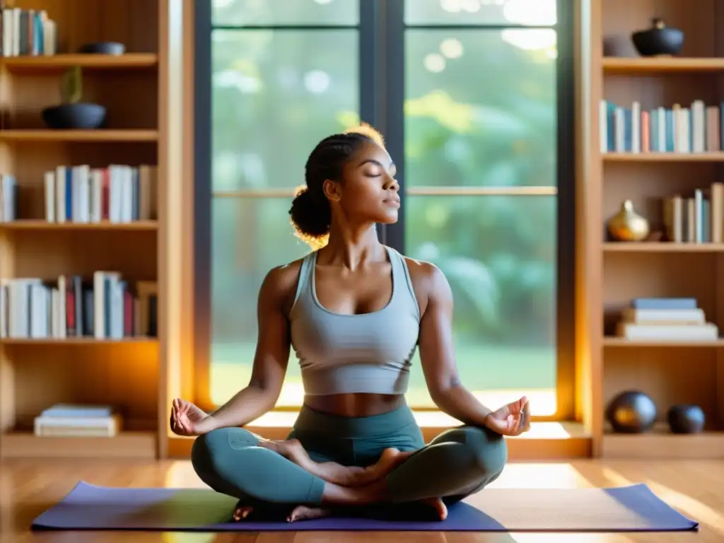 Mujer en meditación, rodeada de luz natural y calma Una mujer en meditación sobre una esterilla de yoga, rodeada de luz natural y libros de bienestar