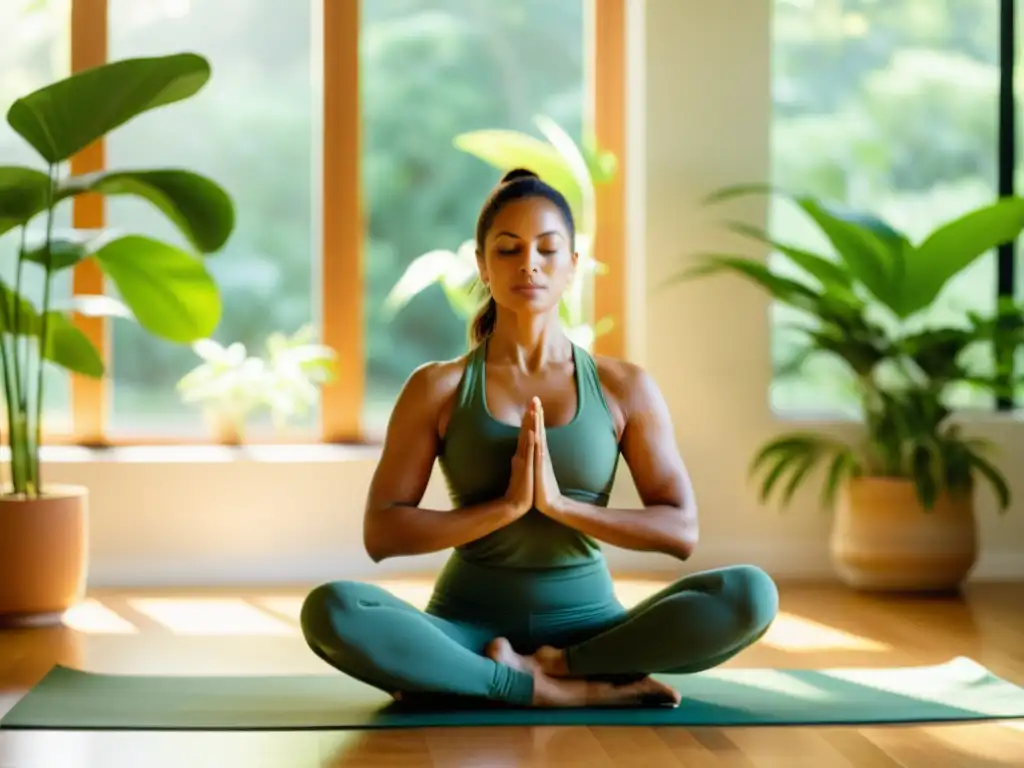 Yoga en estudio soleado: serenidad y fuerza en equilibrio Una mujer en su 30 practica yoga en un estudio bañado por el sol, rodeada de plantas