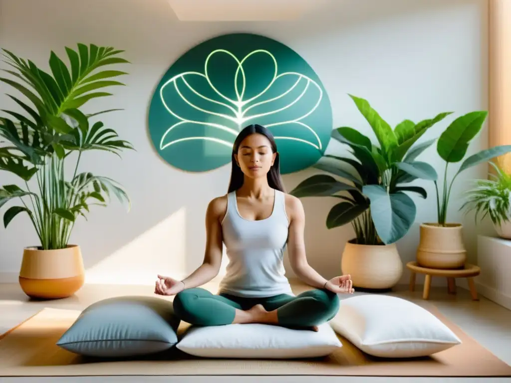 Medicina de la mente: meditación científica en un estudio minimalista Una mujer medita en un estudio luminoso y minimalista, rodeada de plantas