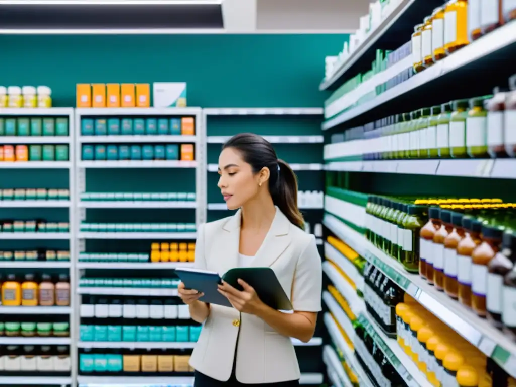 Experta en suplementos analiza marcas Una mujer experta evalúa suplementos inmunes en una tienda moderna, buscando maximizar beneficios