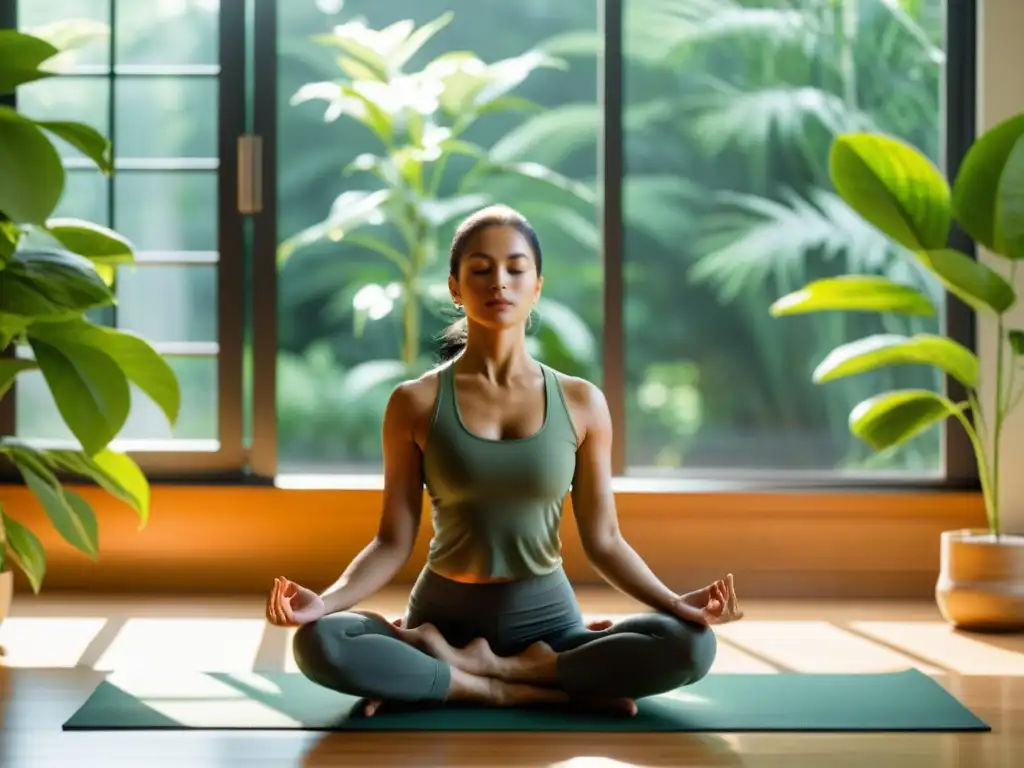 Yoga inmersiva entre plantas verdes Una mujer practica yoga en una habitación iluminada por el sol, rodeada de exuberantes plantas verdes