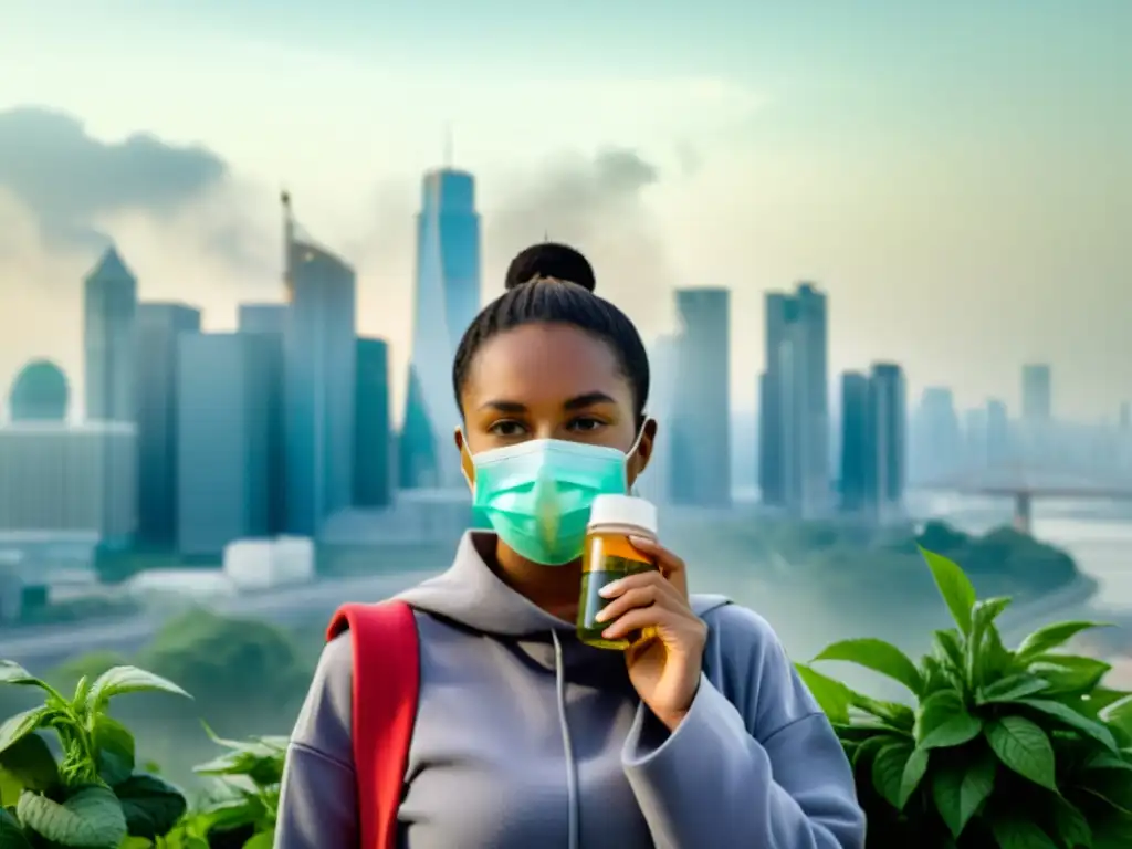 Resistencia urbana: mujer con mascarilla y té antioxidante Una mujer con mascarilla sosteniendo té y vitaminas, frente a la contaminación atmosférica, reforzando su sistema inmunológico