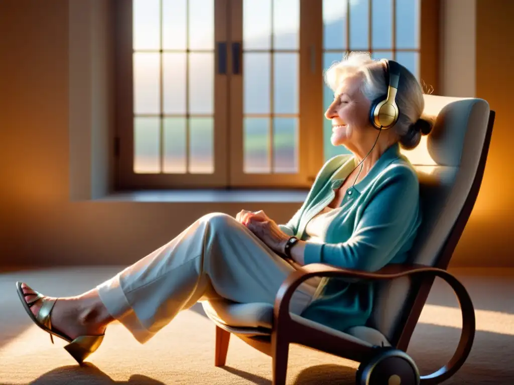 Plenitud musical al atardecer: la terapia de la tranquilidad Una mujer mayor disfruta de terapia musical para fortalecer el sistema inmunológico mientras escucha con serenidad en su acogedor rincón al atardecer