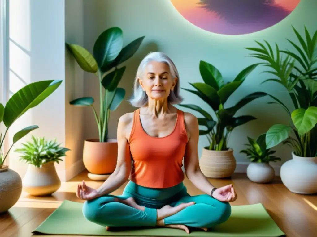 Mujer mayor practicando yoga en un espacio sereno Una mujer mayor practica yoga en una habitación luminosa y llena de plantas, promoviendo el coaching sistema inmunológico tercera edad