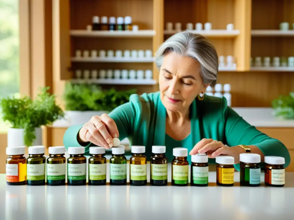 Preparación experta de remedios homeopáticos en cocina moderna Una mujer mayor prepara cuidadosamente remedios homeopáticos en una moderna cocina, destacando los beneficios de homeopatía en adultos mayores