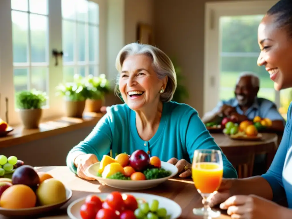 Abuela feliz disfruta comida saludable con familia y amigos Una mujer mayor sonriente disfruta de una comida nutritiva y colorida con familiares y amigos, creando un ambiente cálido de bienestar y togetherness