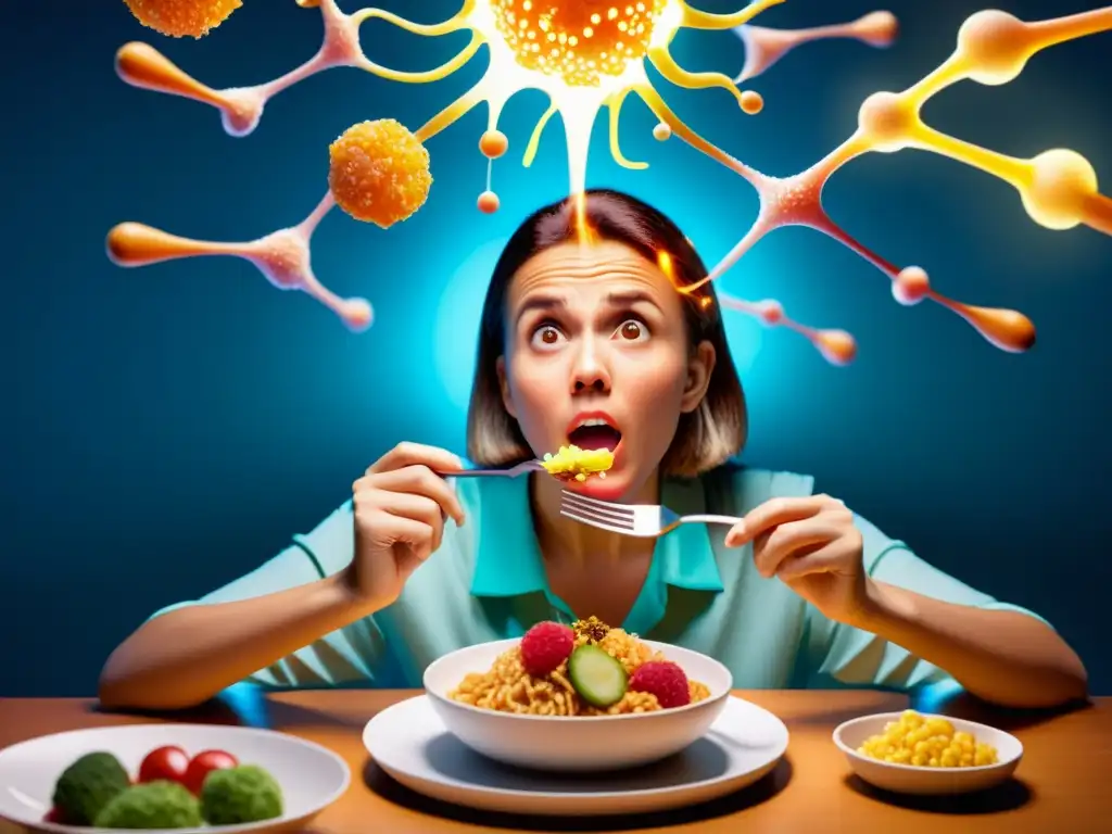 Interacción entre trastornos alimentarios y sistema inmunológico Una mujer rodeada de comida con expresión conflictiva, su sistema inmunológico brillante revela el impacto de trastornos alimenticios