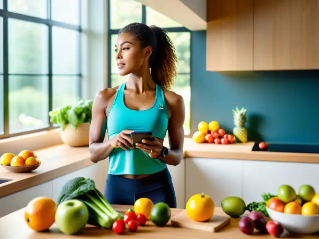 Rastreo de bienestar: mujer activa y saludable en la cocina Una mujer en ropa deportiva usa una app para equilibrar sistema inmune, rodeada de alimentos frescos en una cocina soleada