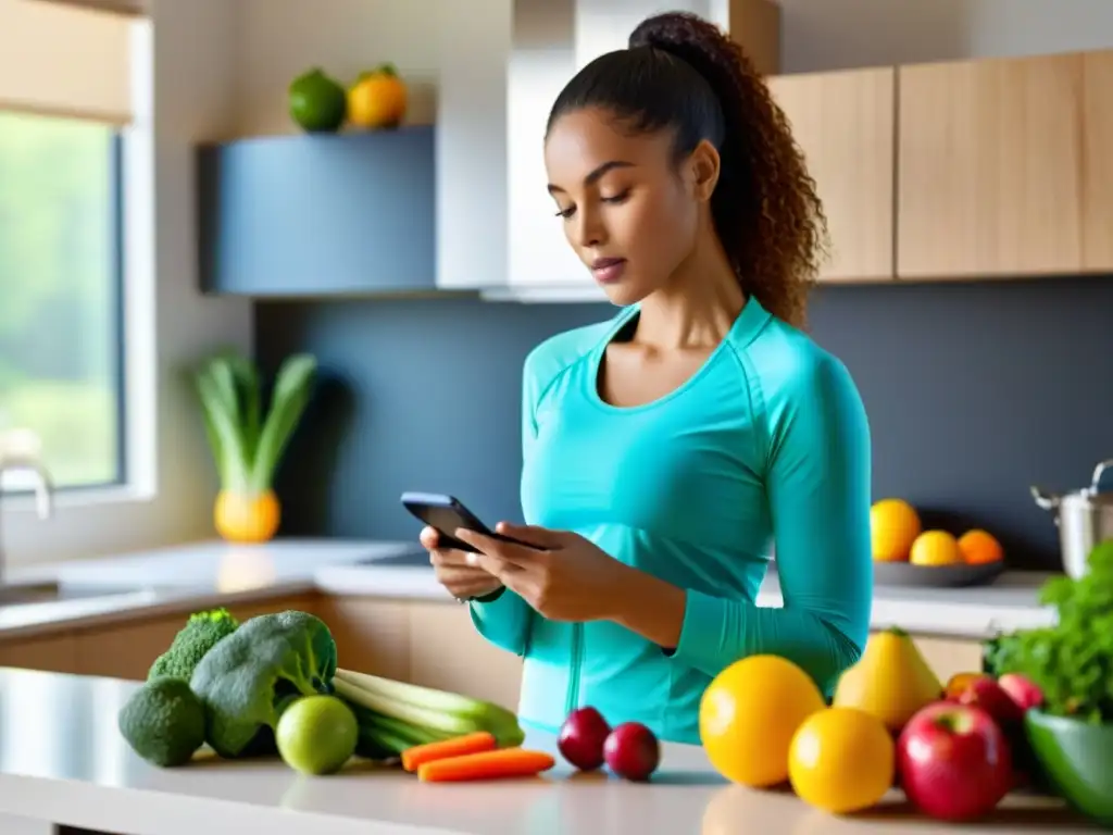 Descubriendo una App Fitness mientras planifica su dieta Una mujer en ropa deportiva lee una app de dieta y ejercicio en una cocina soleada, rodeada de frutas y verduras frescas