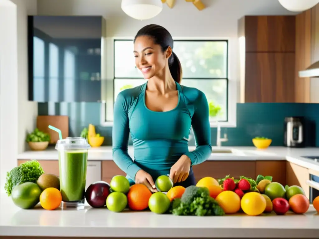 Nutrición personalizada: Smoothie verde y vitalidad Una mujer en ropa deportiva sosteniendo un batido verde, rodeada de frutas, verduras y suplementos en una cocina luminosa, transmitiendo el concepto de sistema inmune robusto y suplementación inteligente