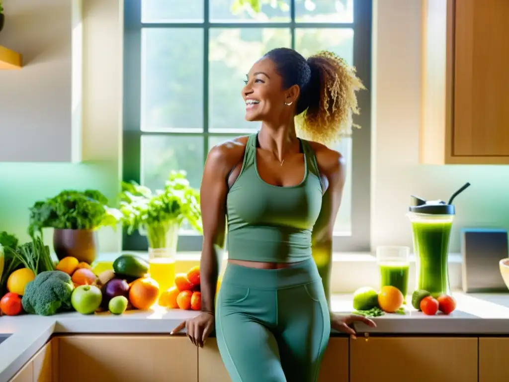 Empoderamiento y vitalidad: Mujer disfruta un jugo verde en cocina soleada Una mujer en ropa deportiva sonríe en una cocina soleada, rodeada de frutas y verduras