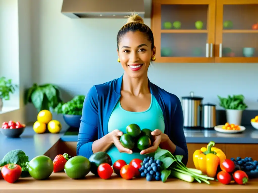 Vitalidad en la cocina: mujer con frutas y verduras antioxidantes Una mujer en ropa deportiva sostiene frutas y verduras antioxidantes coloridas en una cocina soleada y vibrante